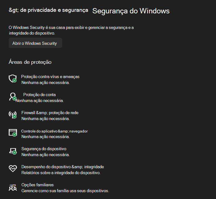 Captura de ecrã das Definições do Windows a mostrar as diferentes áreas disponíveis na Segurança do Windows.