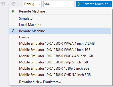 Lista suspensa de destinos de depuração do Visual Studio