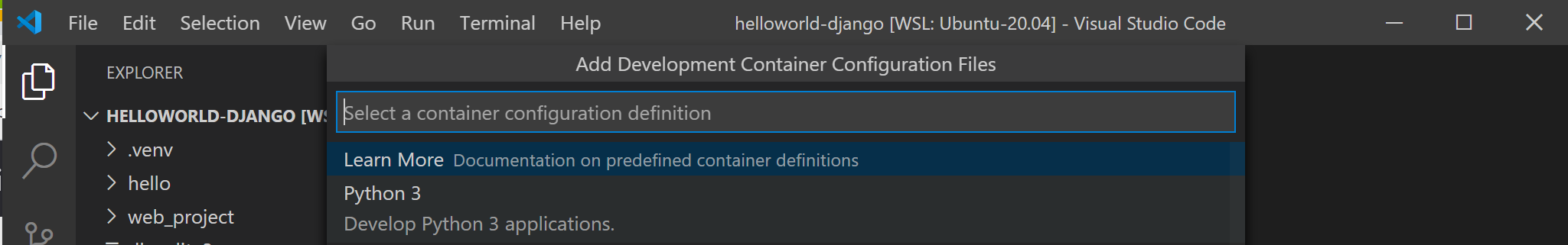 Definições de configuração de Contêineres de Desenvolvimento do VS Code