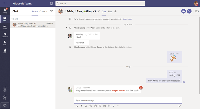 O utilizador no Teams a explicar as mensagens é eliminado como resultado de uma política de retenção do Teams.