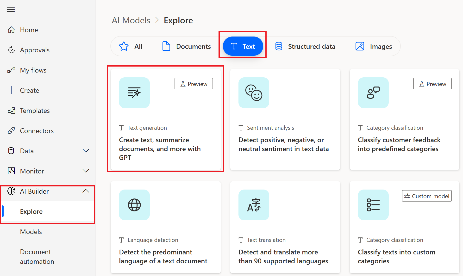 Captura de ecrã da capacidade de geração de texto na página Explorar do AI Builder.