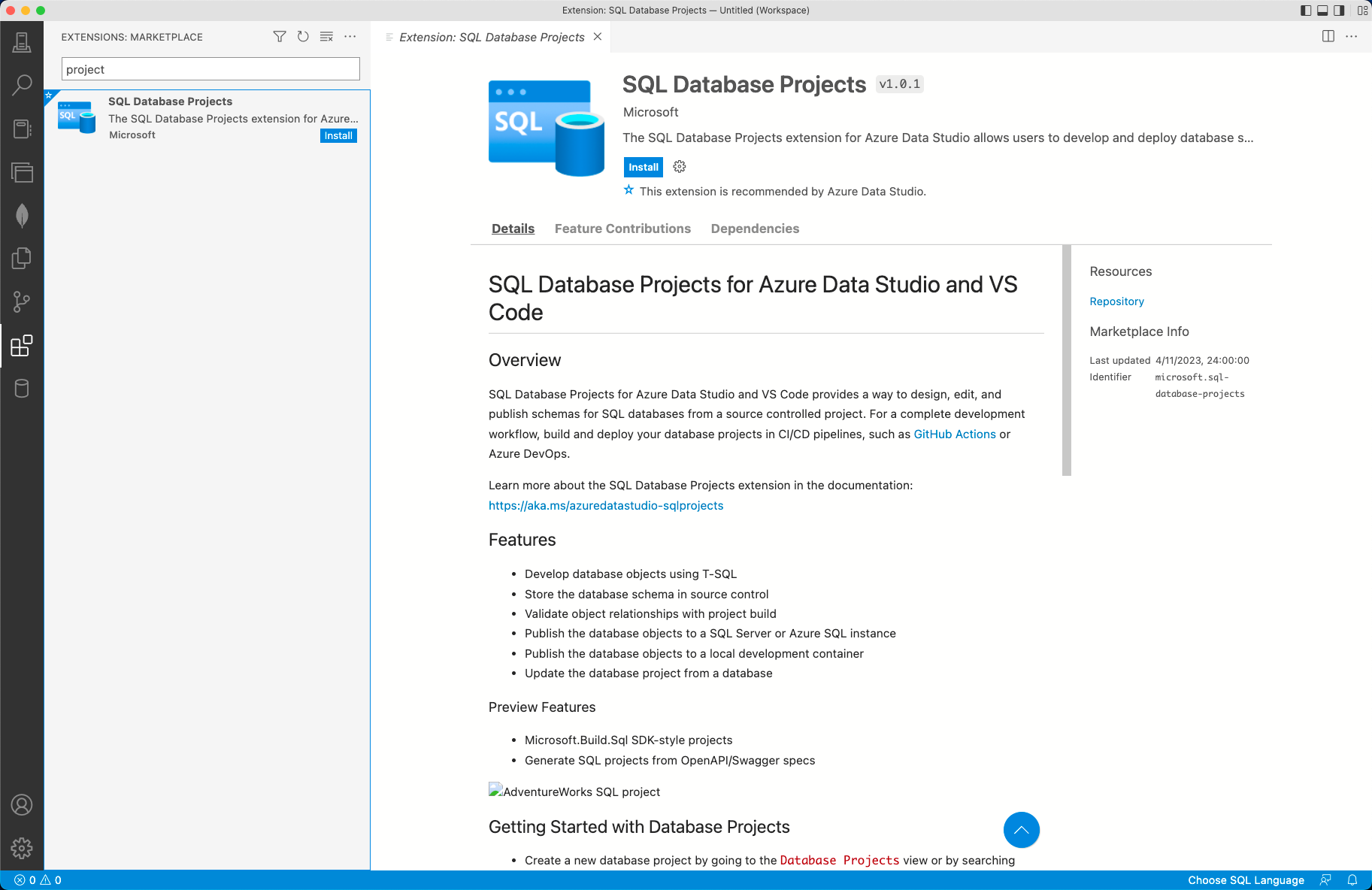 Captura de ecrã do Azure Data Studio, Instalar extensão.