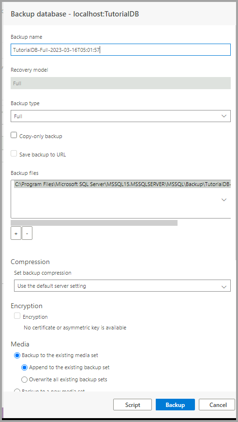 Captura de tela que mostra a caixa de diálogo Backup.