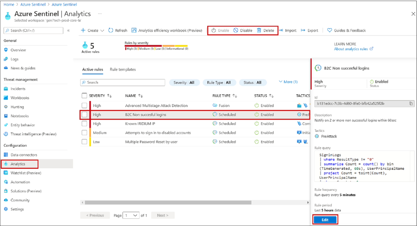 Captura de ecrã das regras ativas com as opções Ativar, Desativar, Eliminar e Editar.