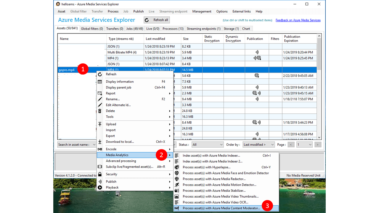 Azure Media Services explorer com Content Moderator