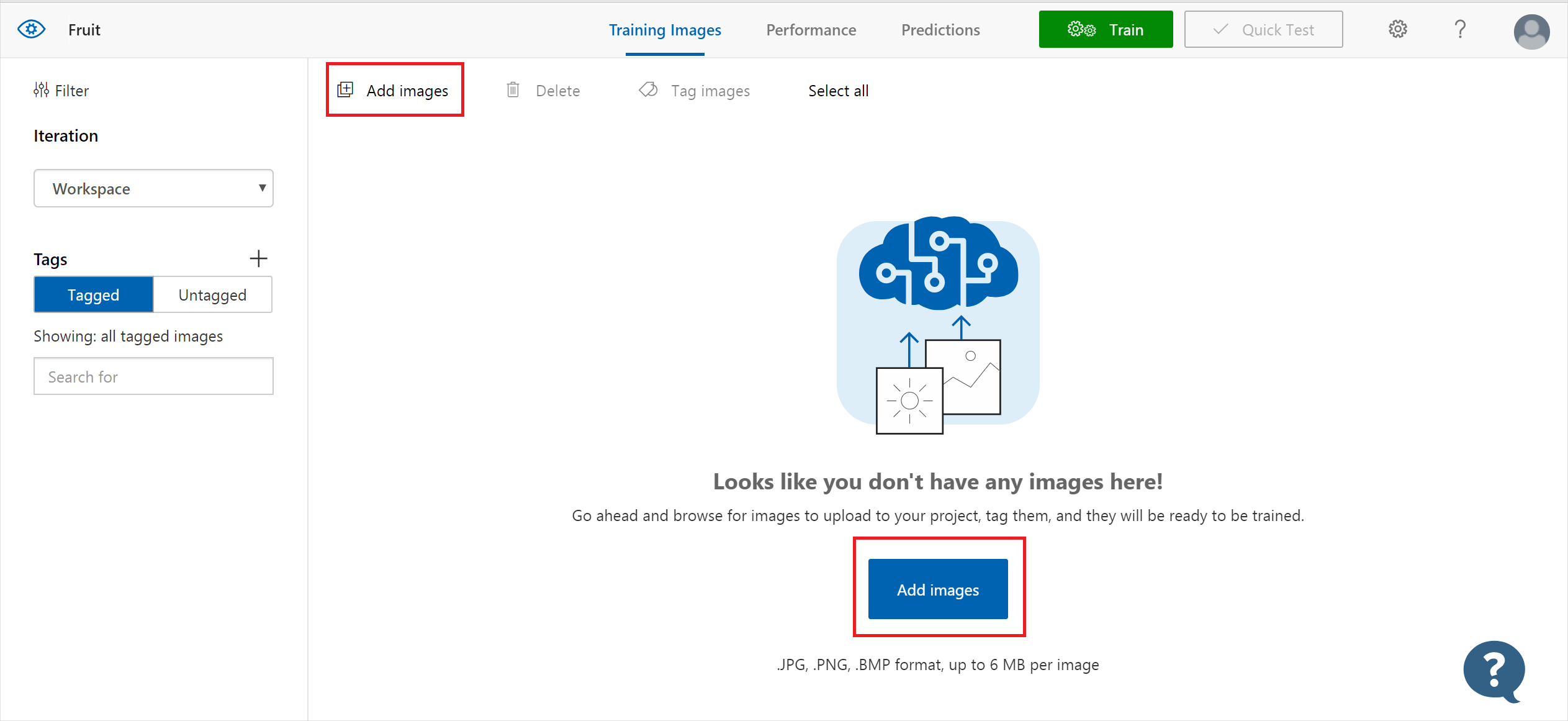 O controle de adição de imagens é mostrado no canto superior esquerdo e como um botão na parte inferior central.