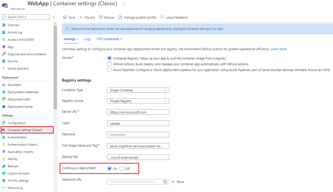 Captura de tela da ampliação das configurações de contêiner para implantação contínua.