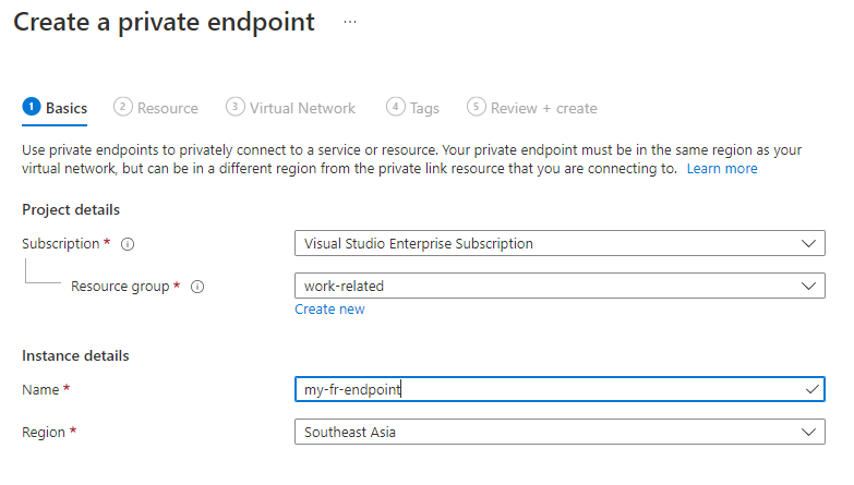 Captura de ecrã a mostrar como configurar um ponto de extremidade privado