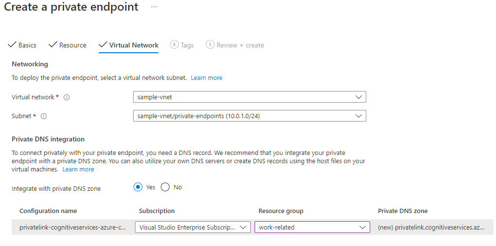 Captura de tela mostrando como configurar o ponto de extremidade privado