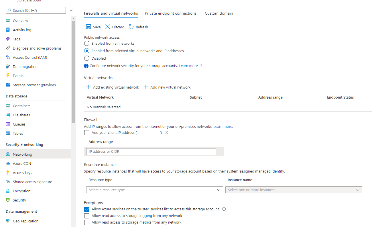 Captura de tela de configurar firewall de armazenamento.