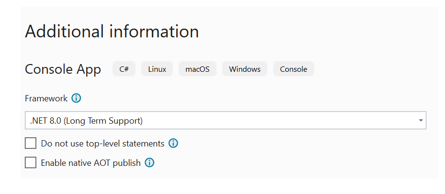 Captura de tela da página de Informações adicionais do Visual Studio.