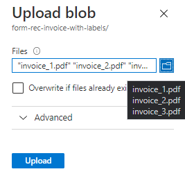 Captura de ecrã da janela de blob de carregamento no portal do Azure.