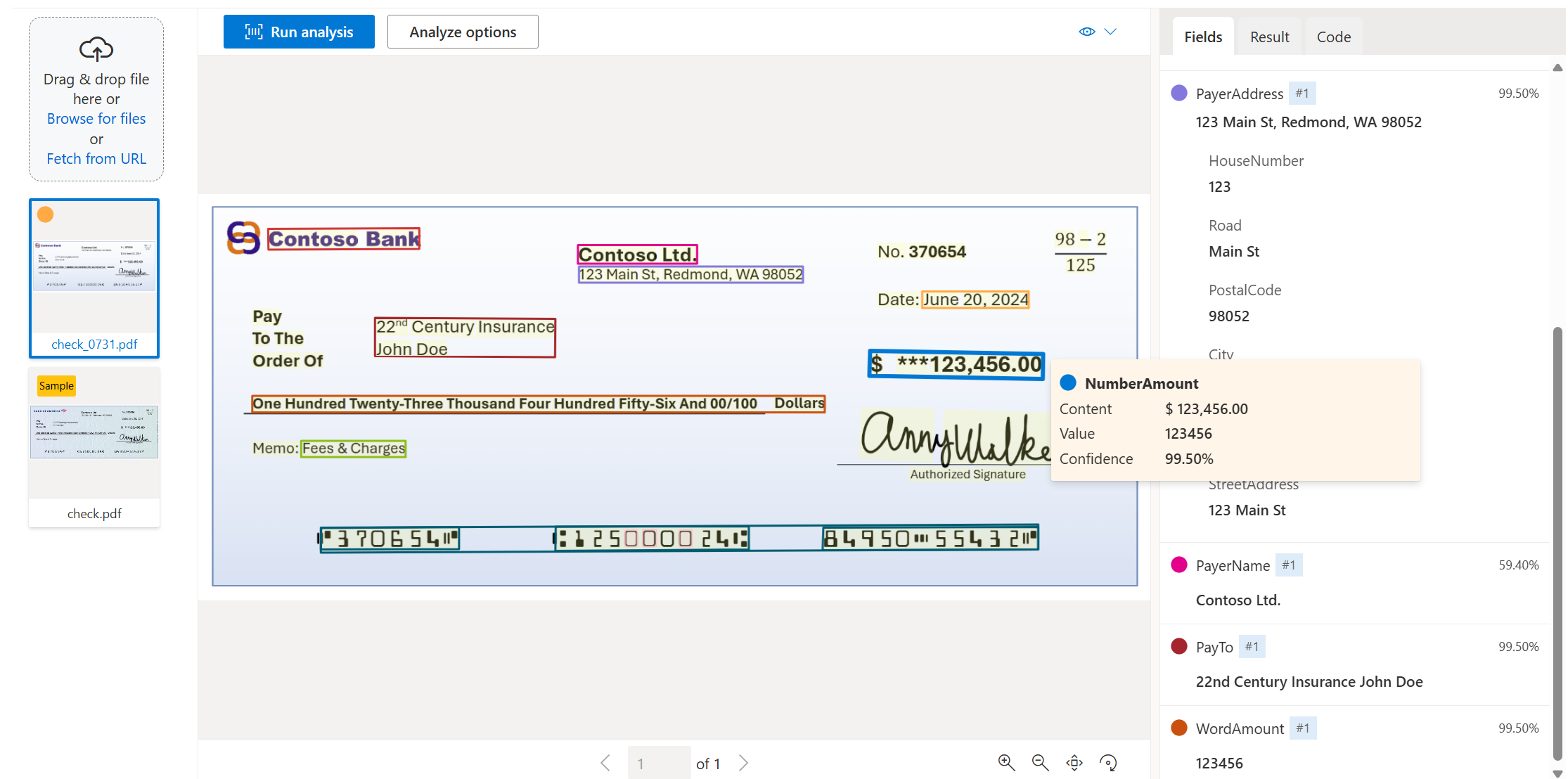 Captura de tela da análise do modelo de verificação usando o Document Intelligence Studio.