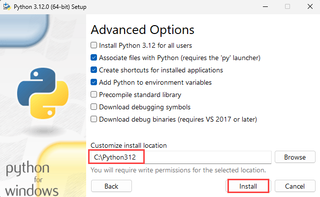 Screenshot de Instalar Python passo 3 com localização personalizada.