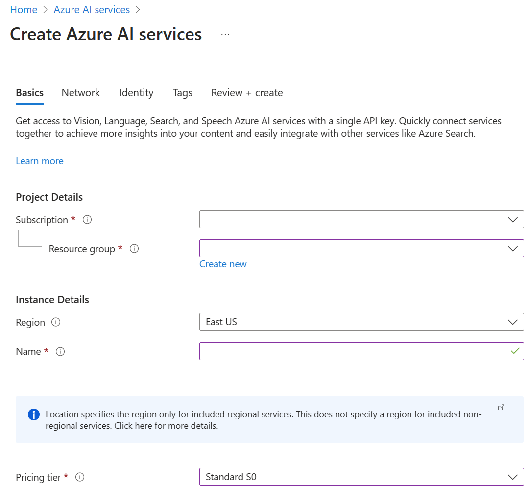 Multi-service resource creation screen