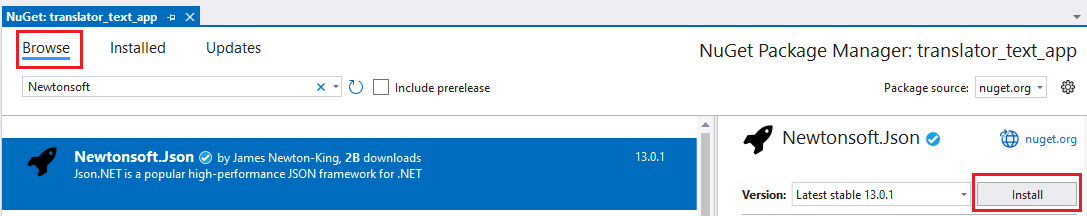 Captura de tela do botão de instalação do pacote NuGet.