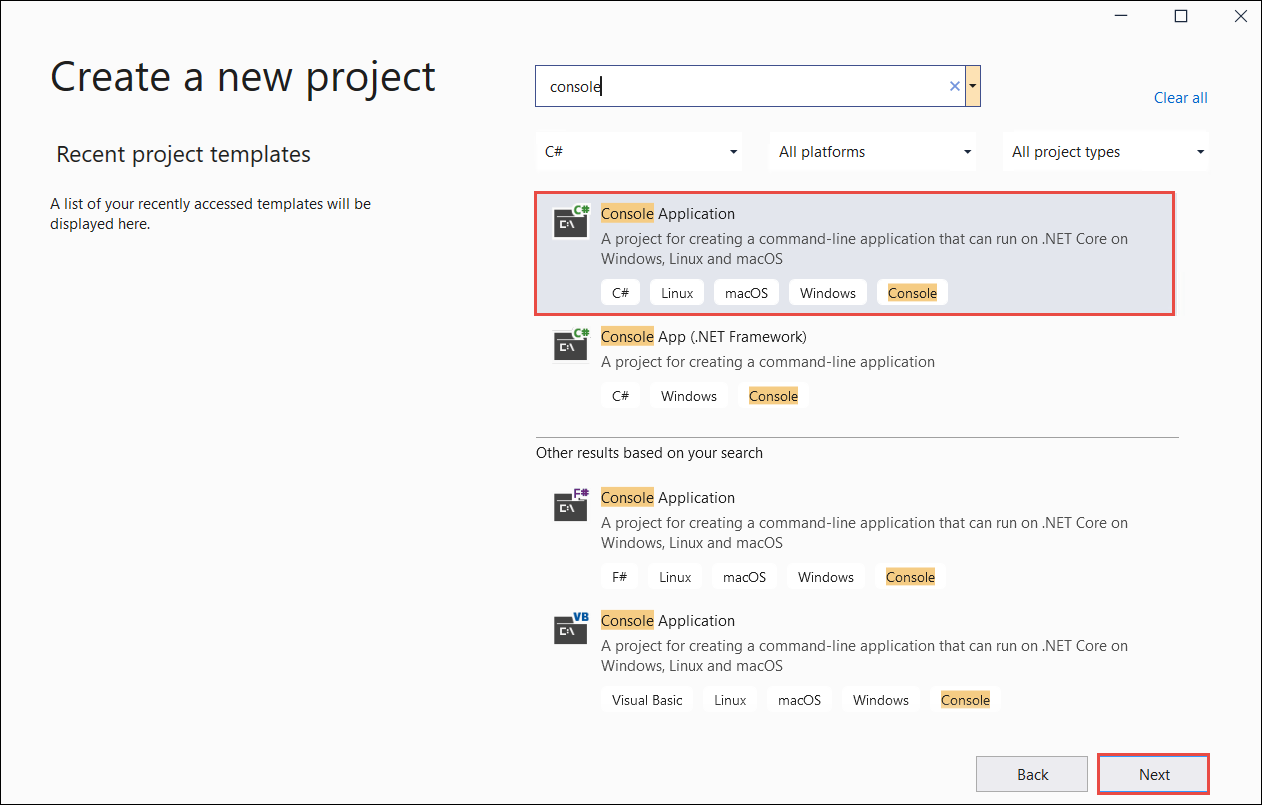 Captura de tela: página de criação de novo projeto do Visual Studio.