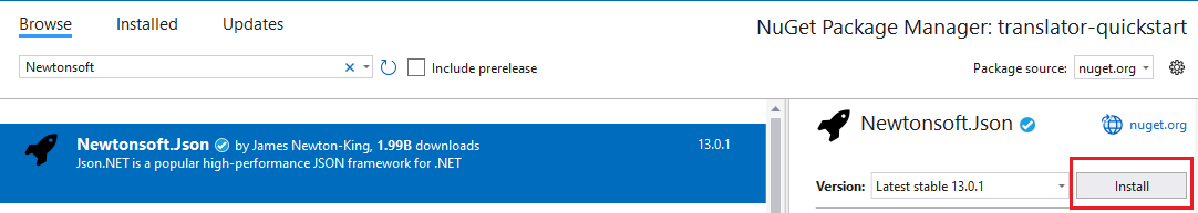 Captura de tela do botão de instalação do pacote NuGet.