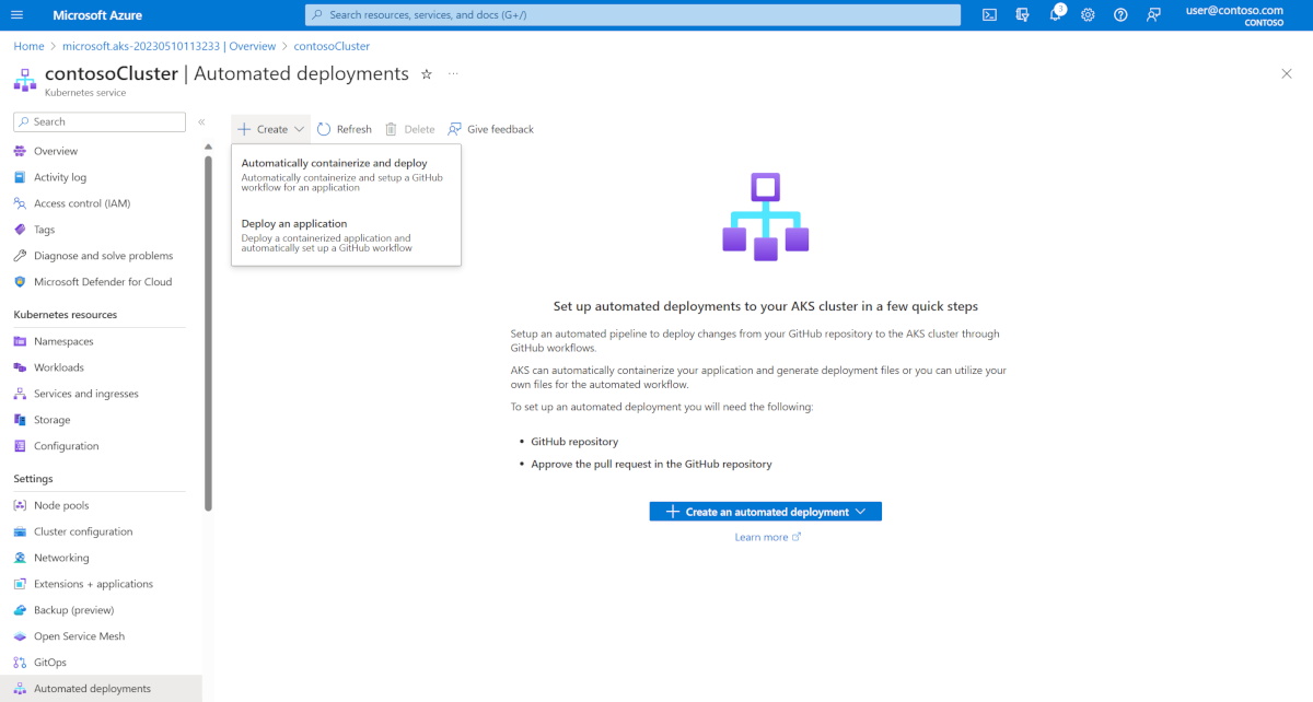 Tela de implantações automatizadas no portal do Azure. 