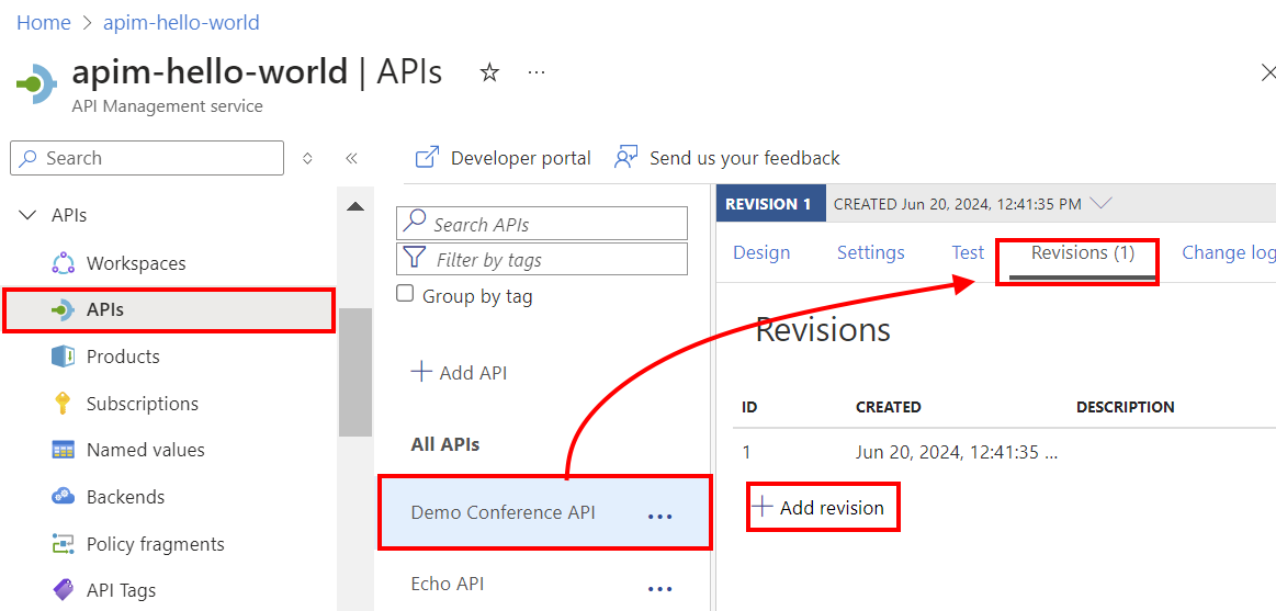 Captura de tela da adição de uma revisão de API no portal.