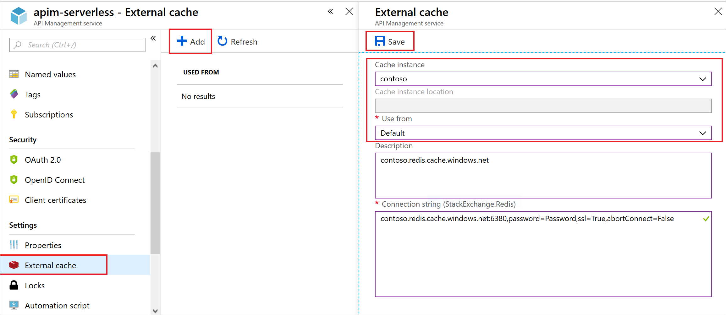 Captura de tela que mostra como adicionar um Cache Redis do Azure externo no Gerenciamento de API do Azure.