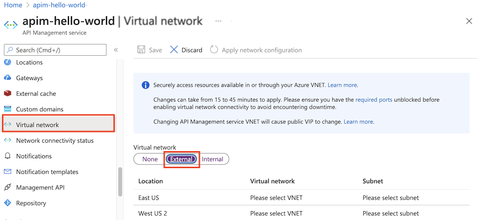 Selecione VNet no portal do Azure.