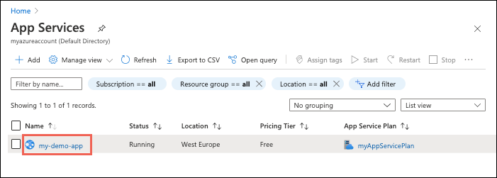 Navegação do portal para a aplicação do Azure