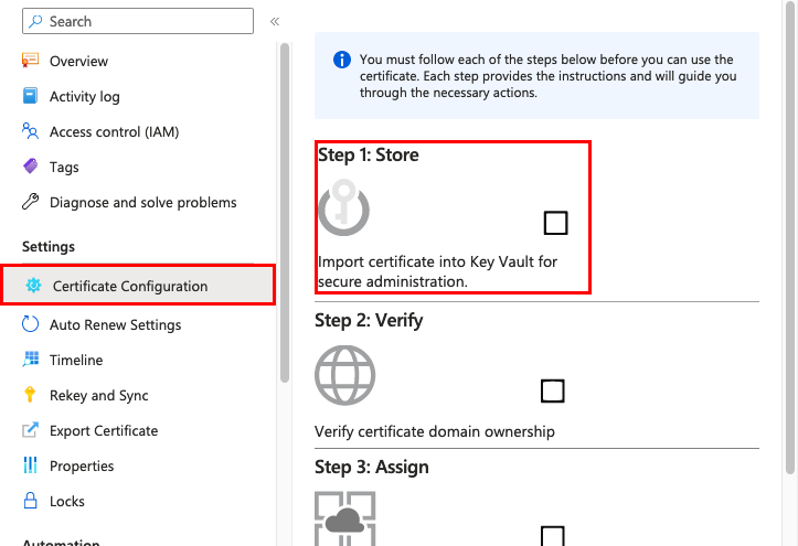 Captura de ecrã do painel 'Configuração do Certificado' com 'Passo 1: Armazenar' selecionado.