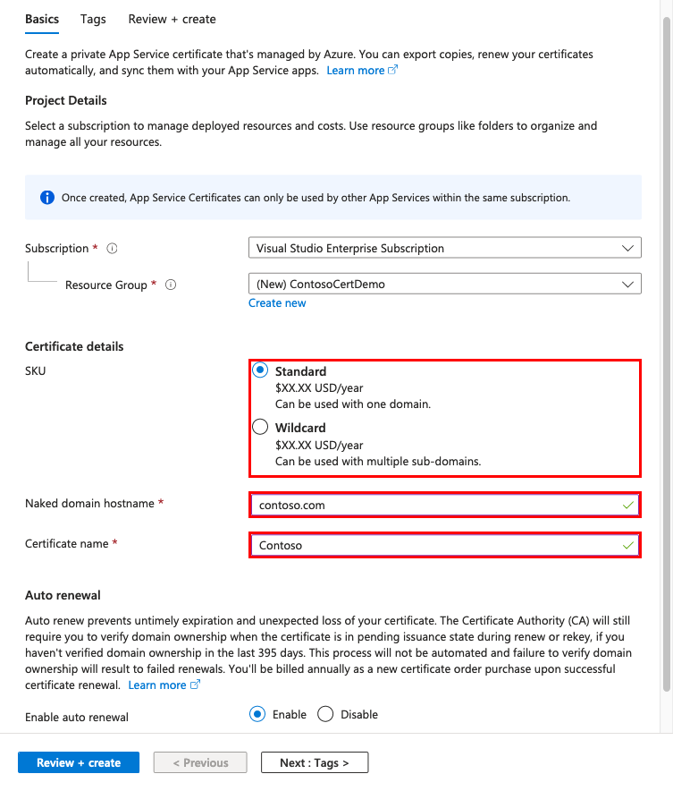 Captura de ecrã do painel 'Criar Certificado do Serviço de Aplicação' com opções de compra.