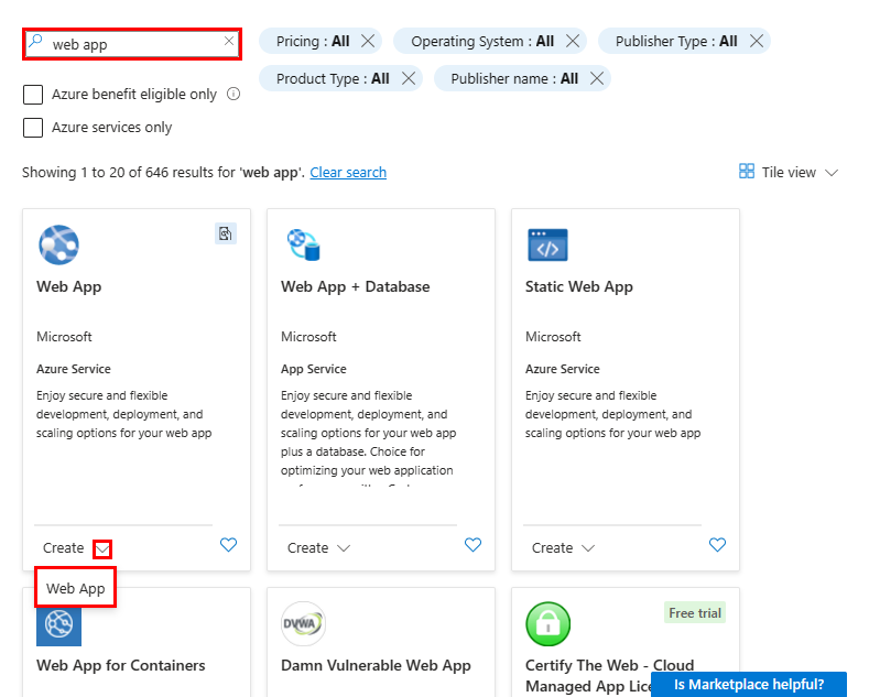 Captura de ecrã a mostrar a página do Azure Marketplace com a aplicação Web a ser pesquisada e botões de criação de aplicações Web a serem clicados.