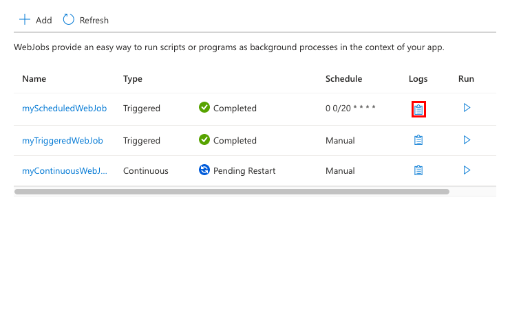 Captura de tela que mostra como acessar logs para um WebJob.