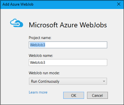 Caixa de diálogo Adicionar WebJob do Azure