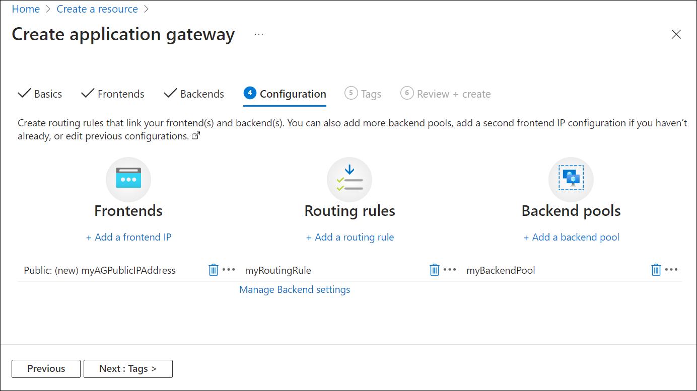 Captura de tela da criação de uma nova regra de roteamento do gateway de aplicativo.