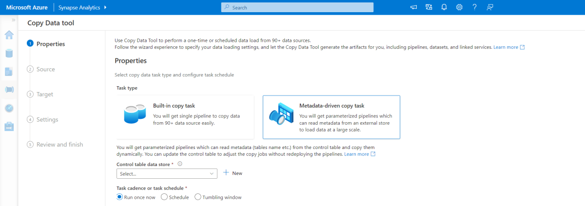 Captura de ecrã da ferramenta de cópia de dados orientada por metadados no Azure Synapse Analytics.