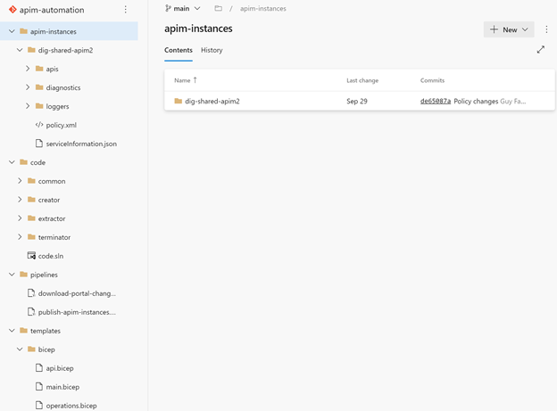 Captura de tela de 'APIM-automation' que mostra 'apim-instances' e uma hierarquia de pastas.