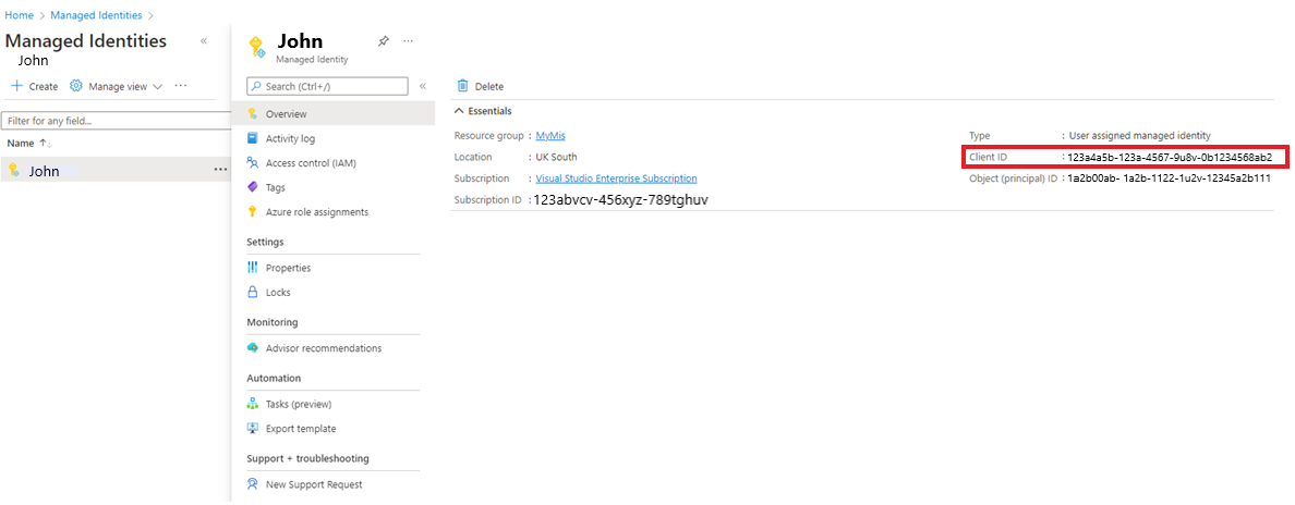 Captura de ecrã do ID do cliente em Managed Identites.
