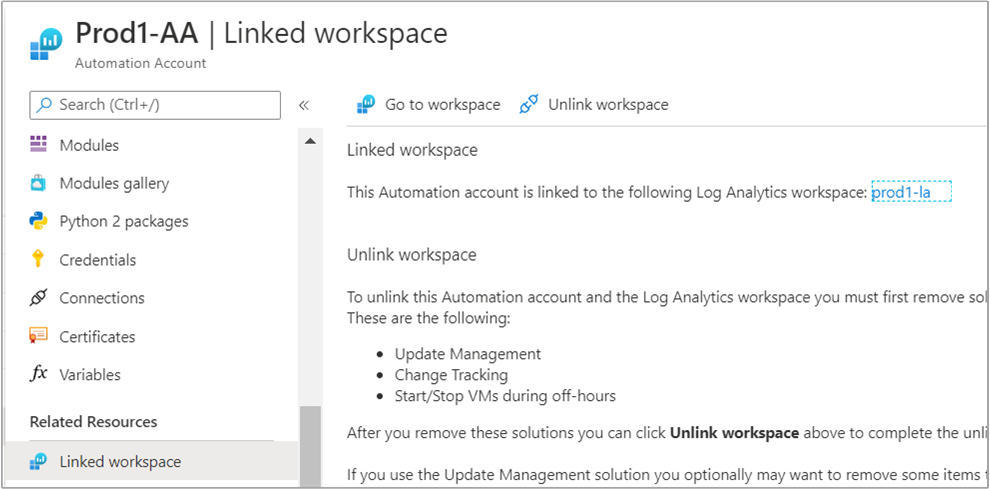 Conta de automação vinculada ao espaço de trabalho do Log Analytics