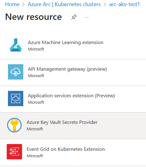 Captura de ecrã a mostrar a extensão Azure Key Vault Secrets Provider no portal do Azure.