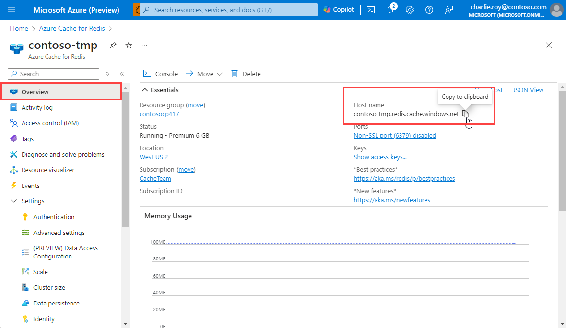 Captura de tela que mostra como localizar e copiar o nome do host e as portas de uma instância do Cache do Azure para Redis.