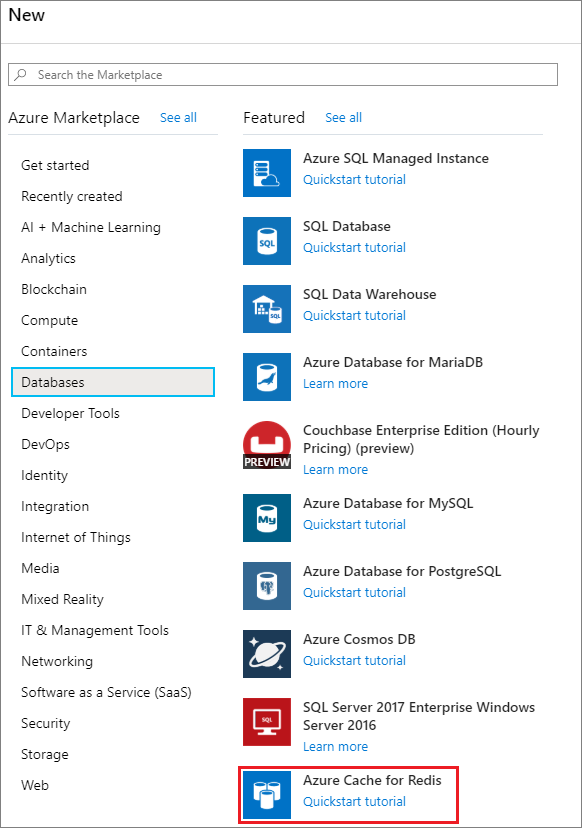 Selecione o Cache do Azure para Redis