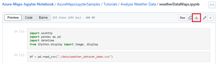 Uma captura de tela mostrando como baixar o arquivo do Notebook chamado weatherDataMaps.ipynb do repositório GitHub.