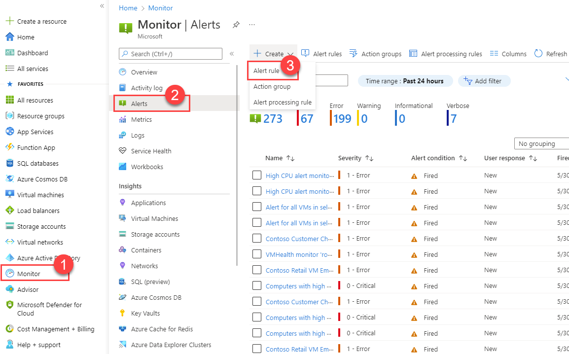 Captura de ecrã que mostra os passos para criar uma regra de alerta a partir da página inicial do portal.