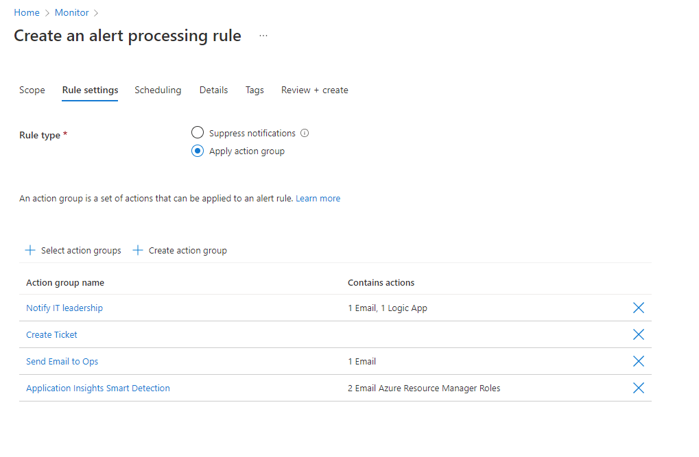 Captura de ecrã que mostra o separador Definições de regras do assistente de regras de processamento de alertas.