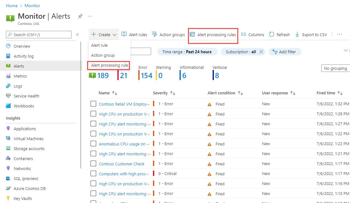 Captura de ecrã que mostra como aceder a regras de processamento de alertas a partir da página de destino do Azure Monitor.