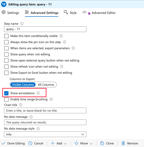 Captura de tela que mostra o menu Configurações avançadas com a caixa de seleção Mostrar anotações realçada.