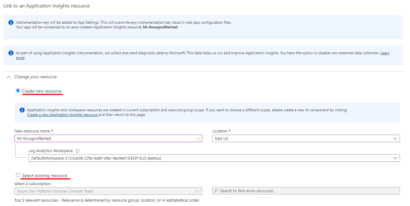 Captura de tela que mostra vinculando o Application Insights a um recurso novo ou existente.