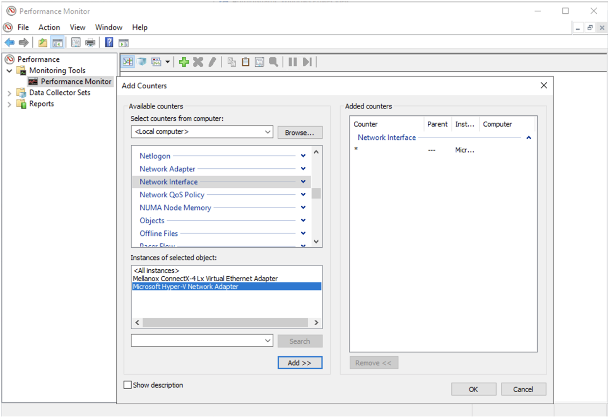 Captura de tela que mostra a interface Adicionar Contador do Monitor de Desempenho.