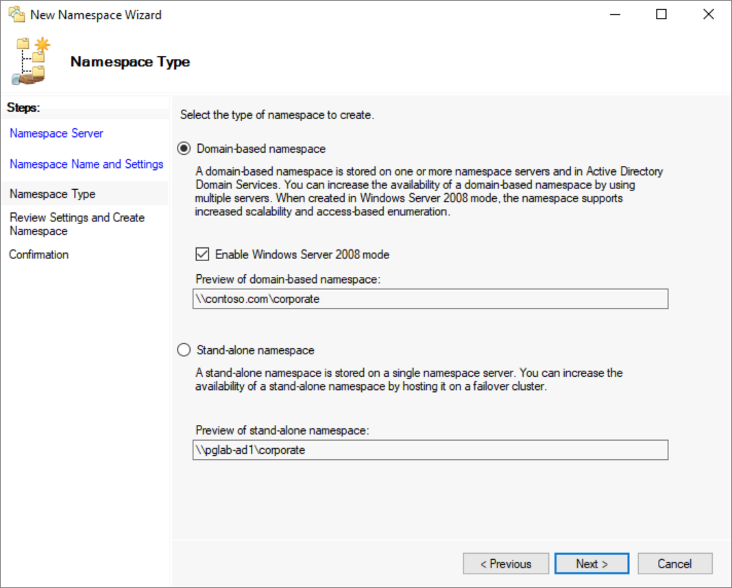 A screenshot of selecting domain-based namespace New Namespace Wizard.