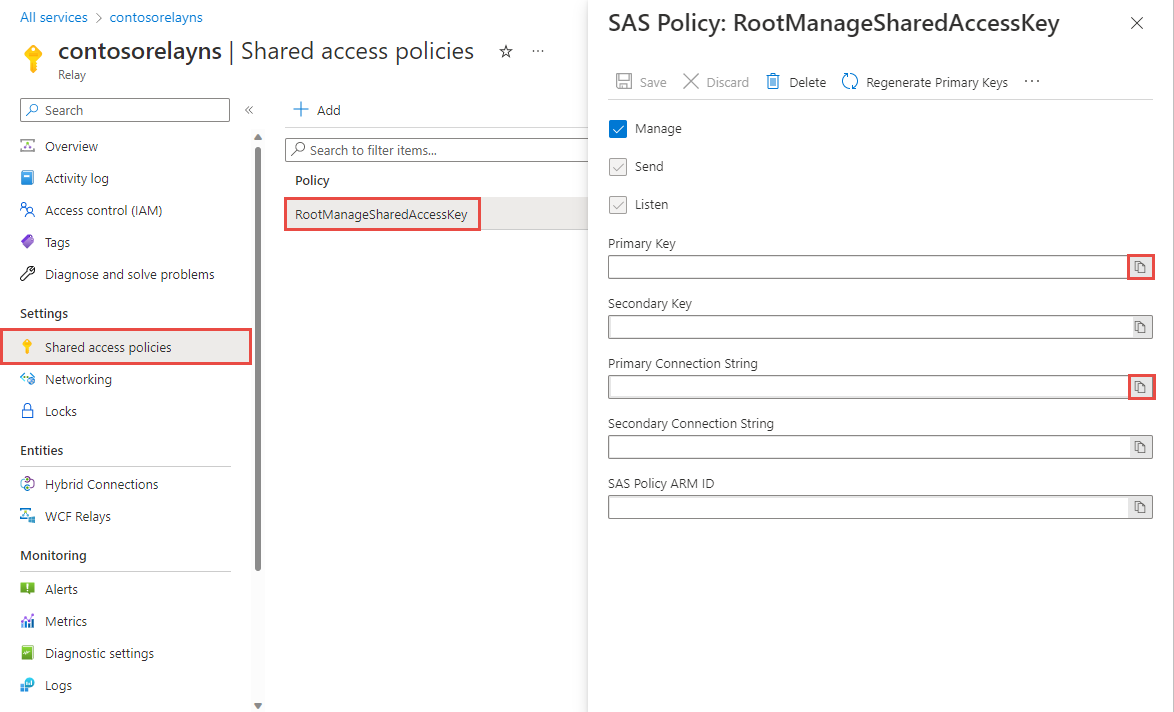 Captura de tela mostrando as informações de conexão para o namespace Relay.