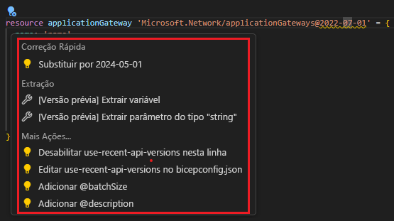 Captura de tela das sugestões de correção rápida do Visual Studio Code.